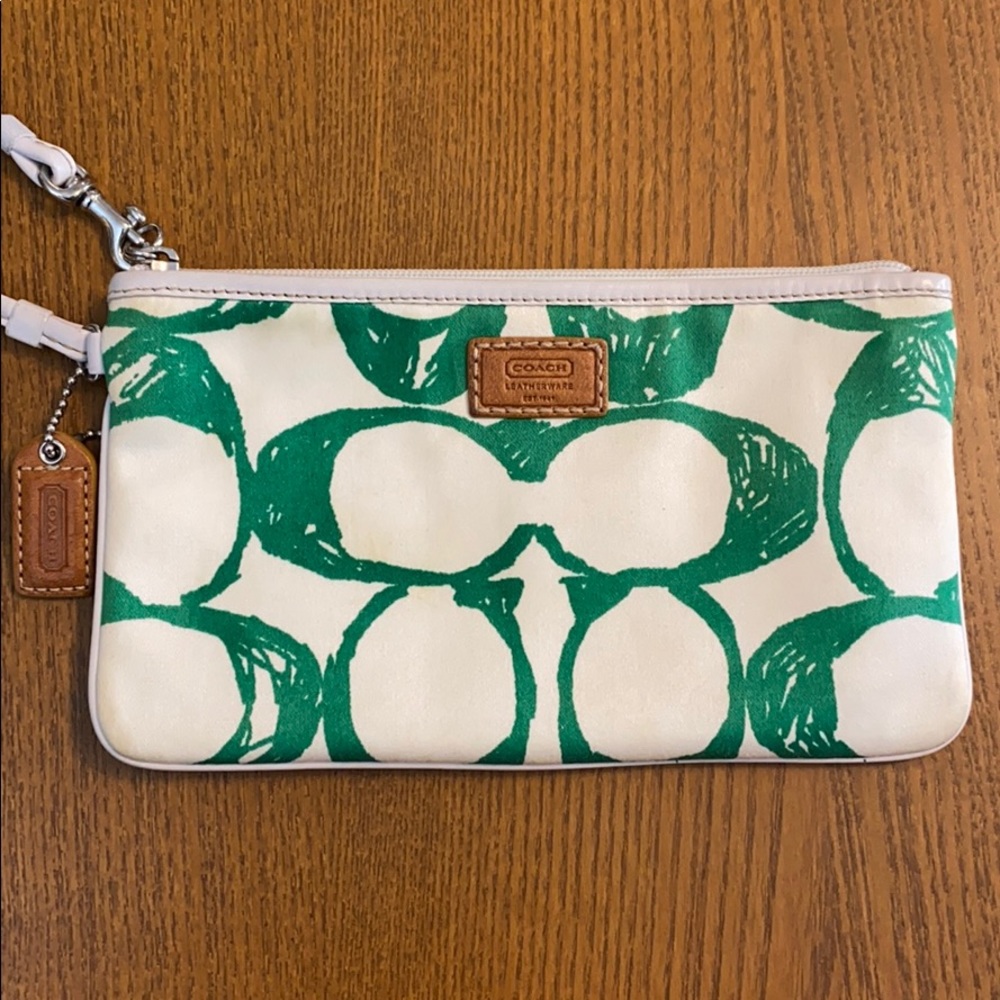Coach White w/ Green Cs Wristlet